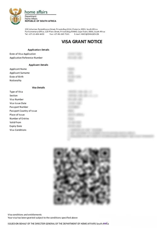 South Africa E-Visa Sample